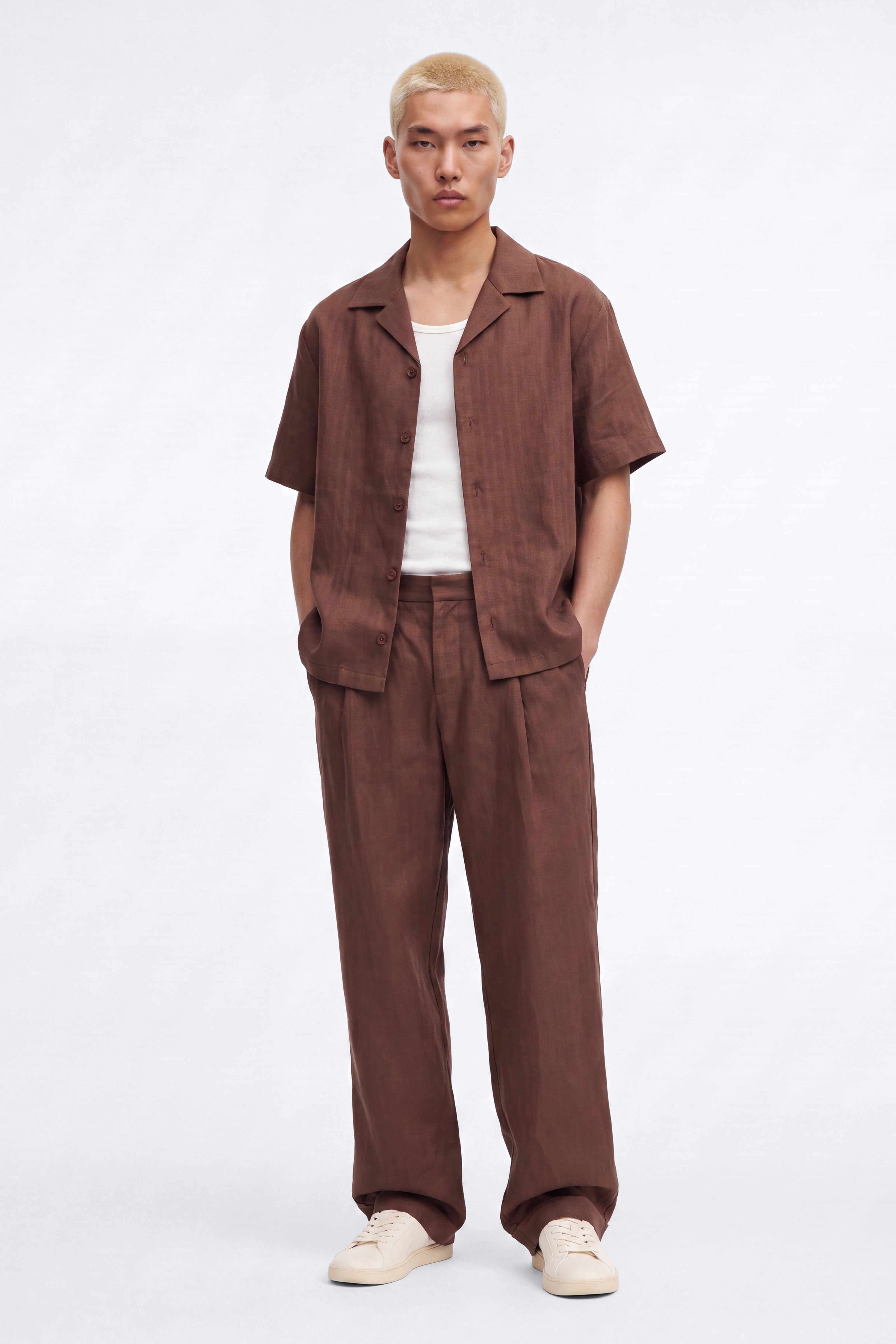 Linen Herringbone Relaxed Pant - Brown image 1