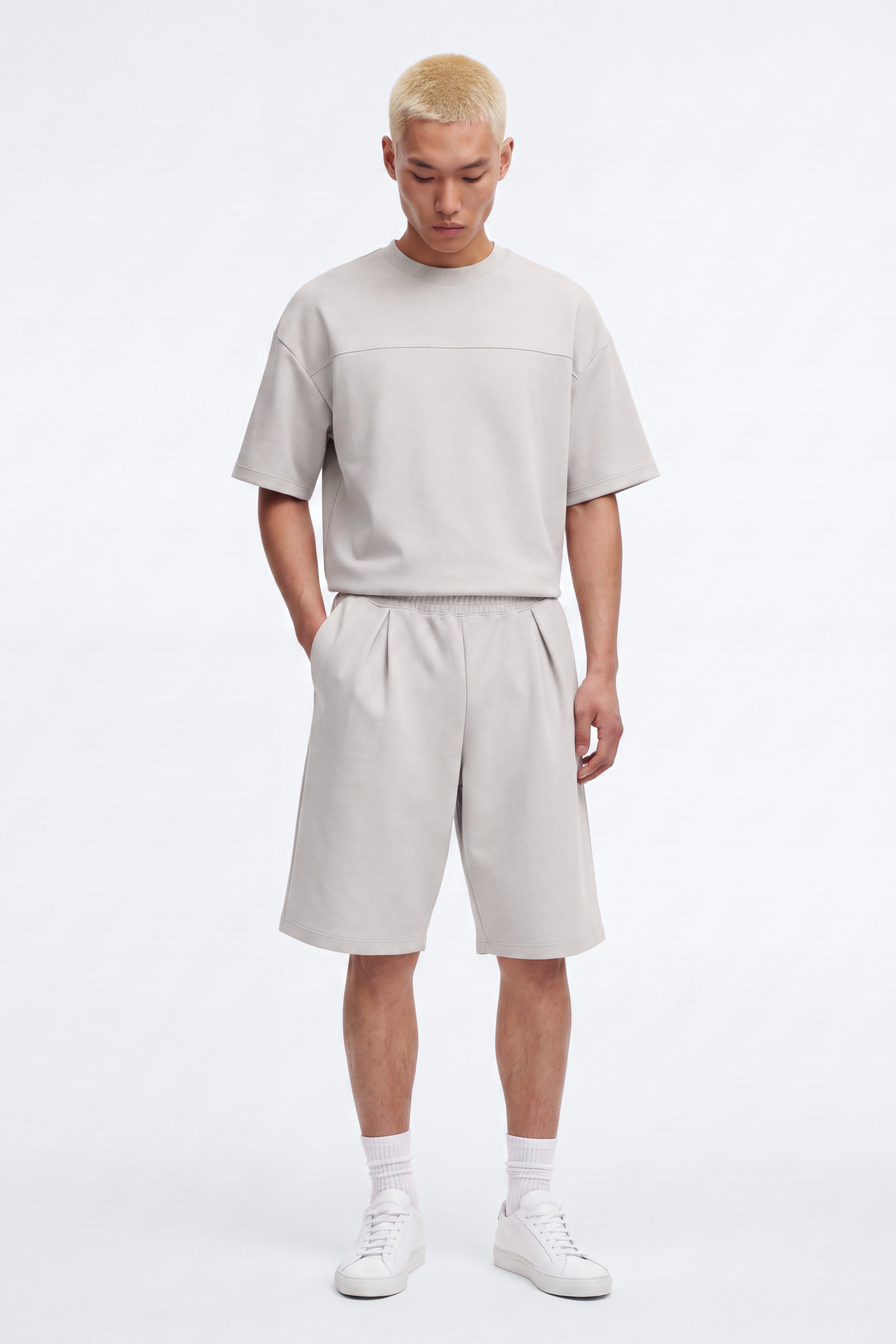 Structured Fleece Pleated Baggy Short - Light Grey image 1