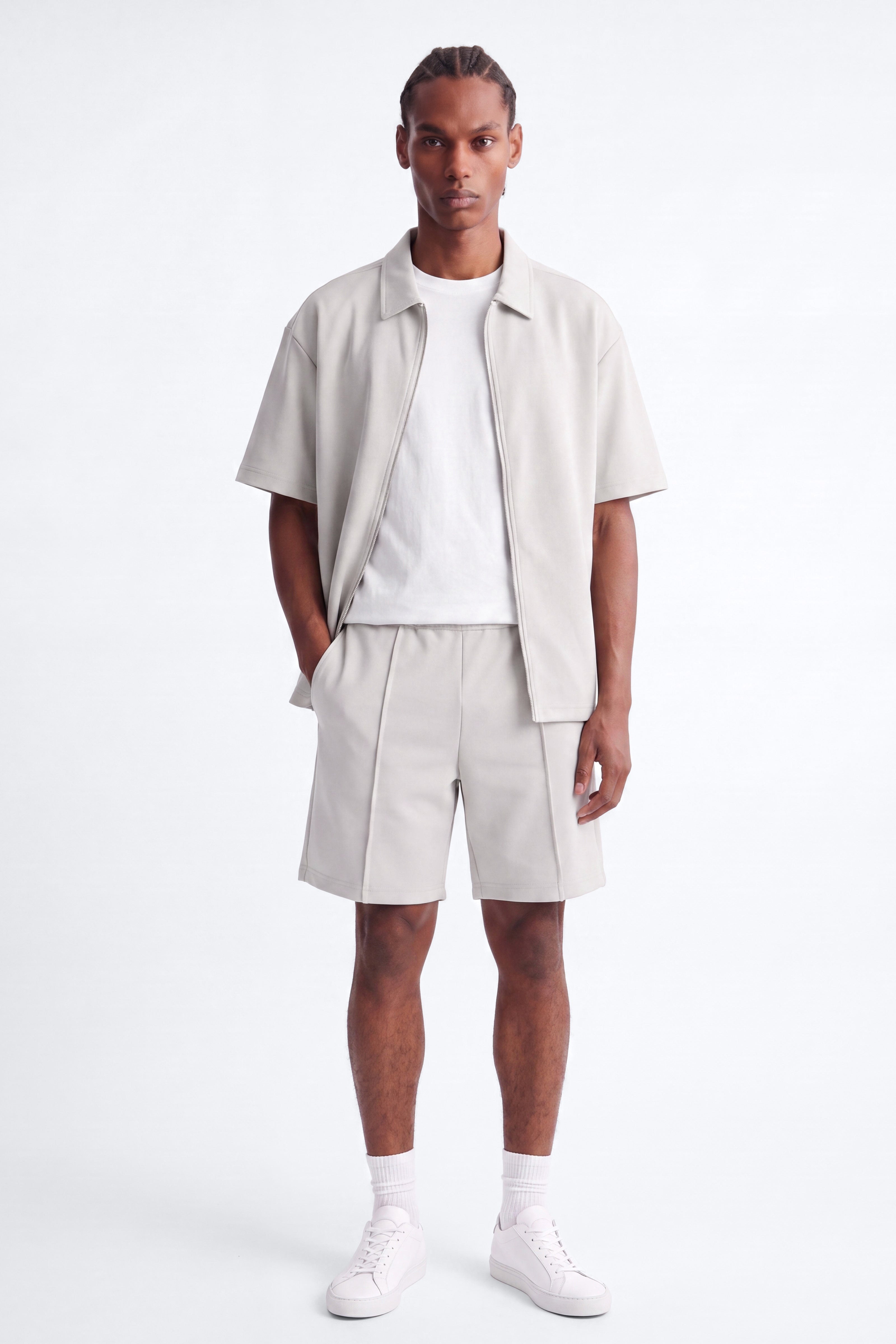 Structured Fleece Pintuck Relaxed Short - Light Grey image 1