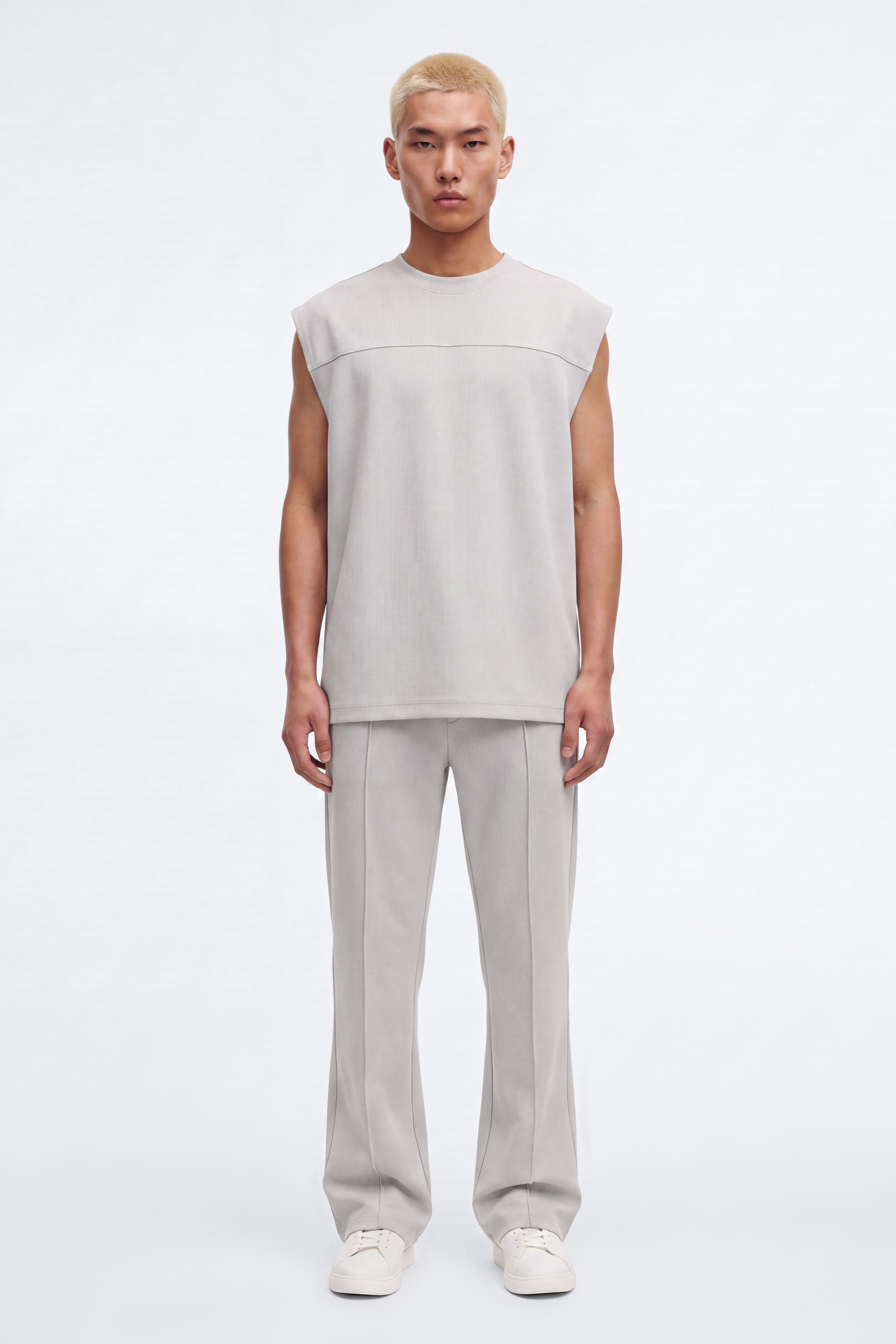 Structured Fleece Pintuck Slim Flare Sweatpants - Light Grey image 1