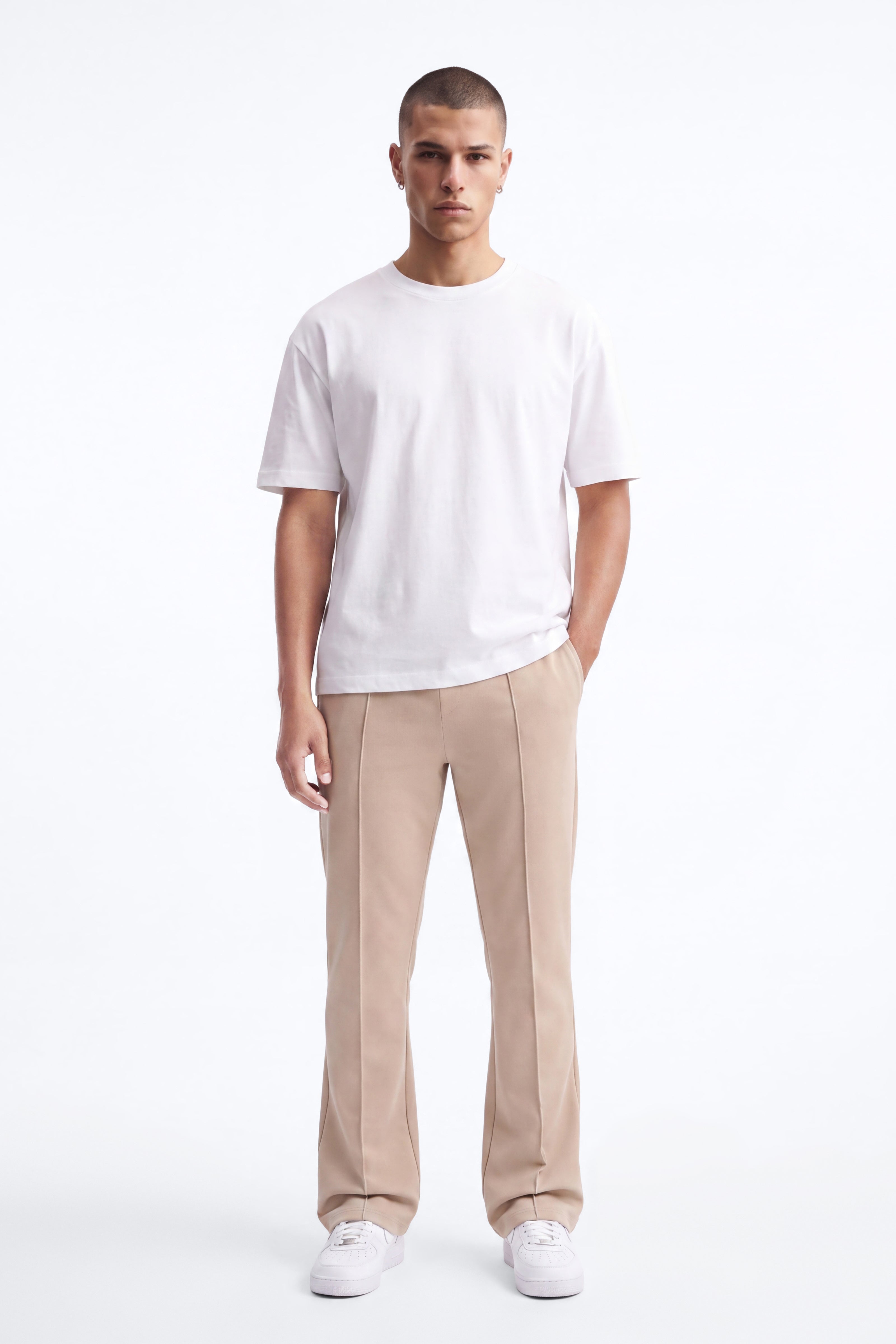 Structured Fleece Pintuck Slim Flare Sweatpants - Tan image 1