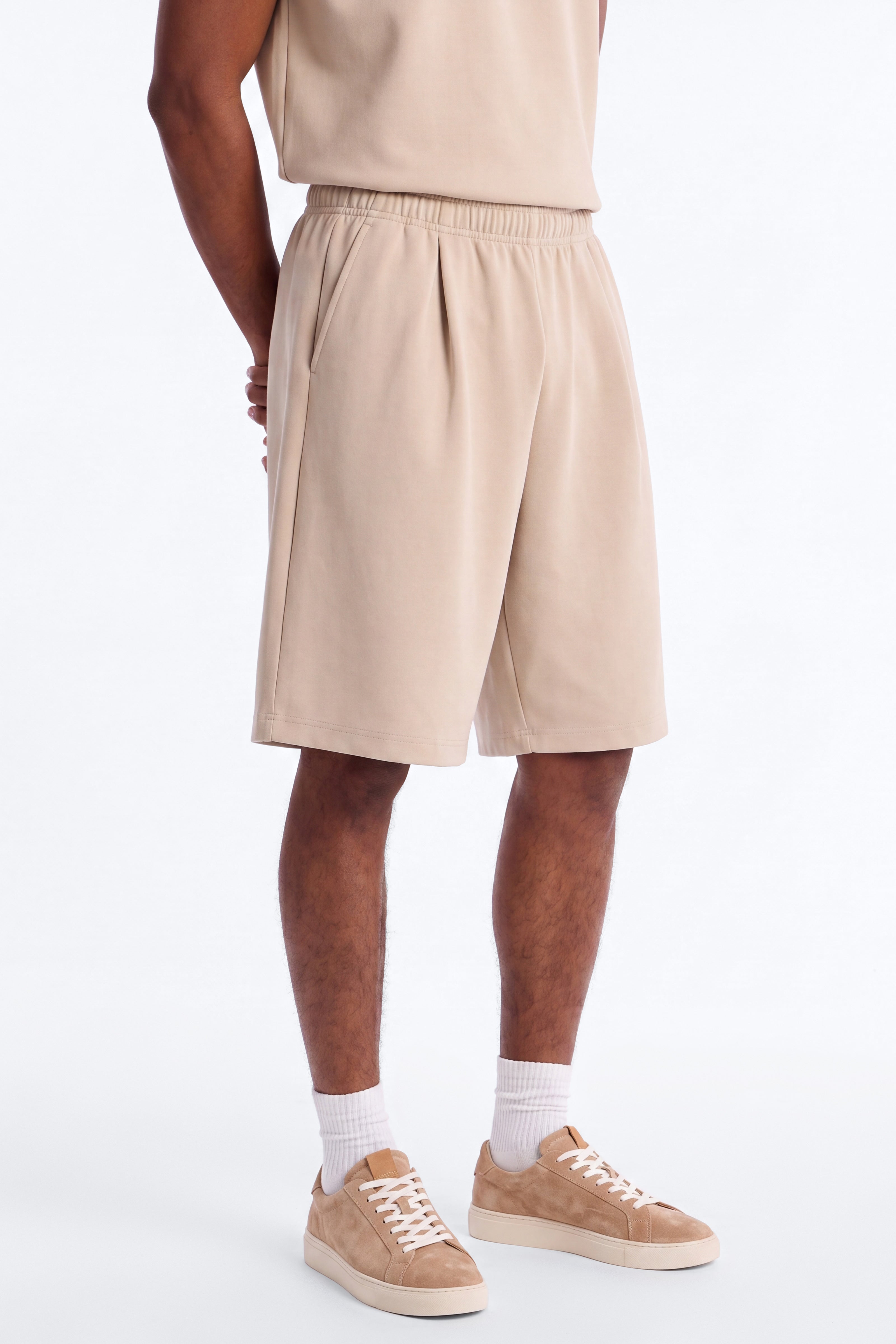 Structured Fleece Pleated Baggy Short - Tan image 2