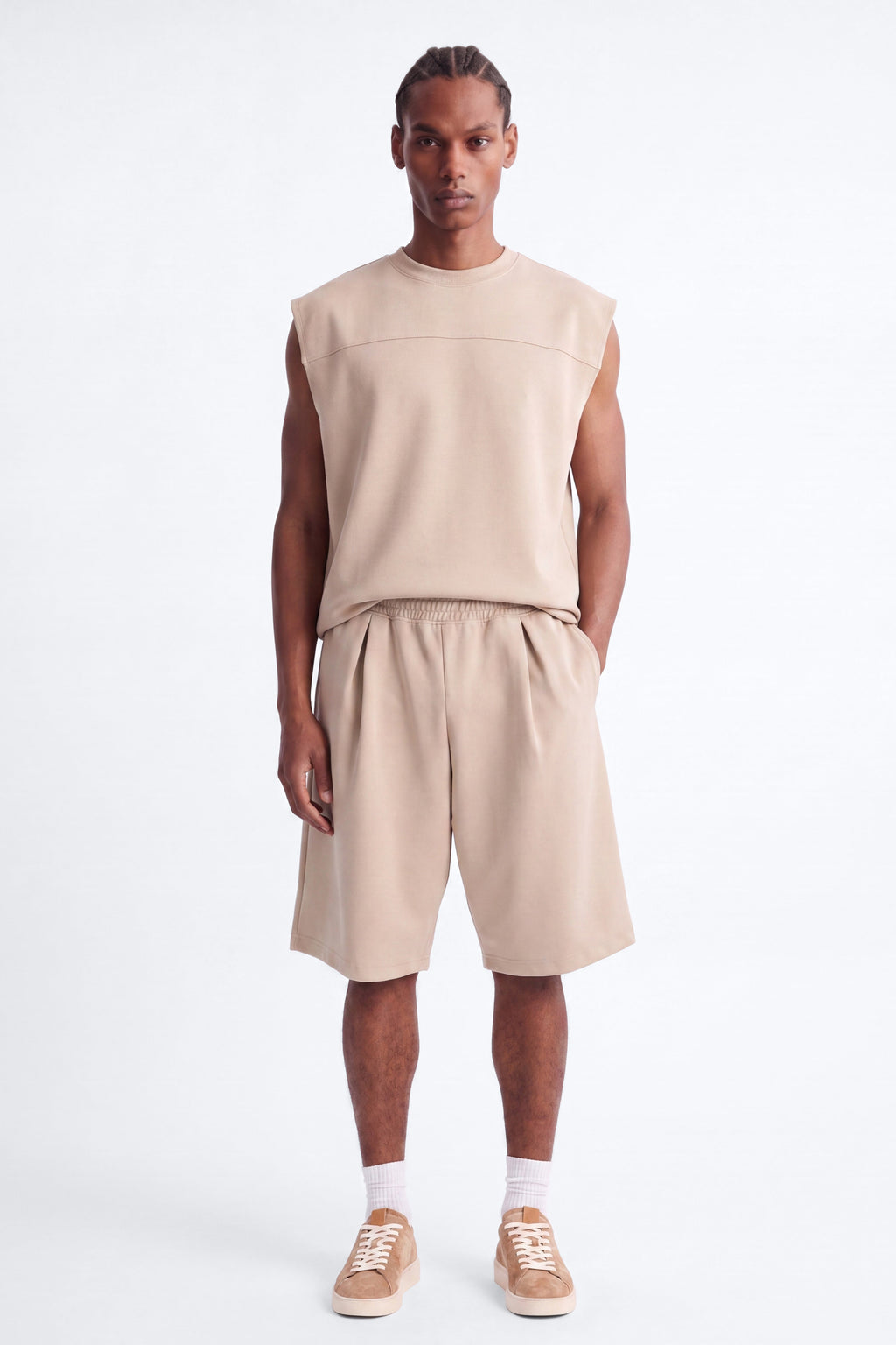 Structured Fleece Pleated Baggy Short - Tan image 1
