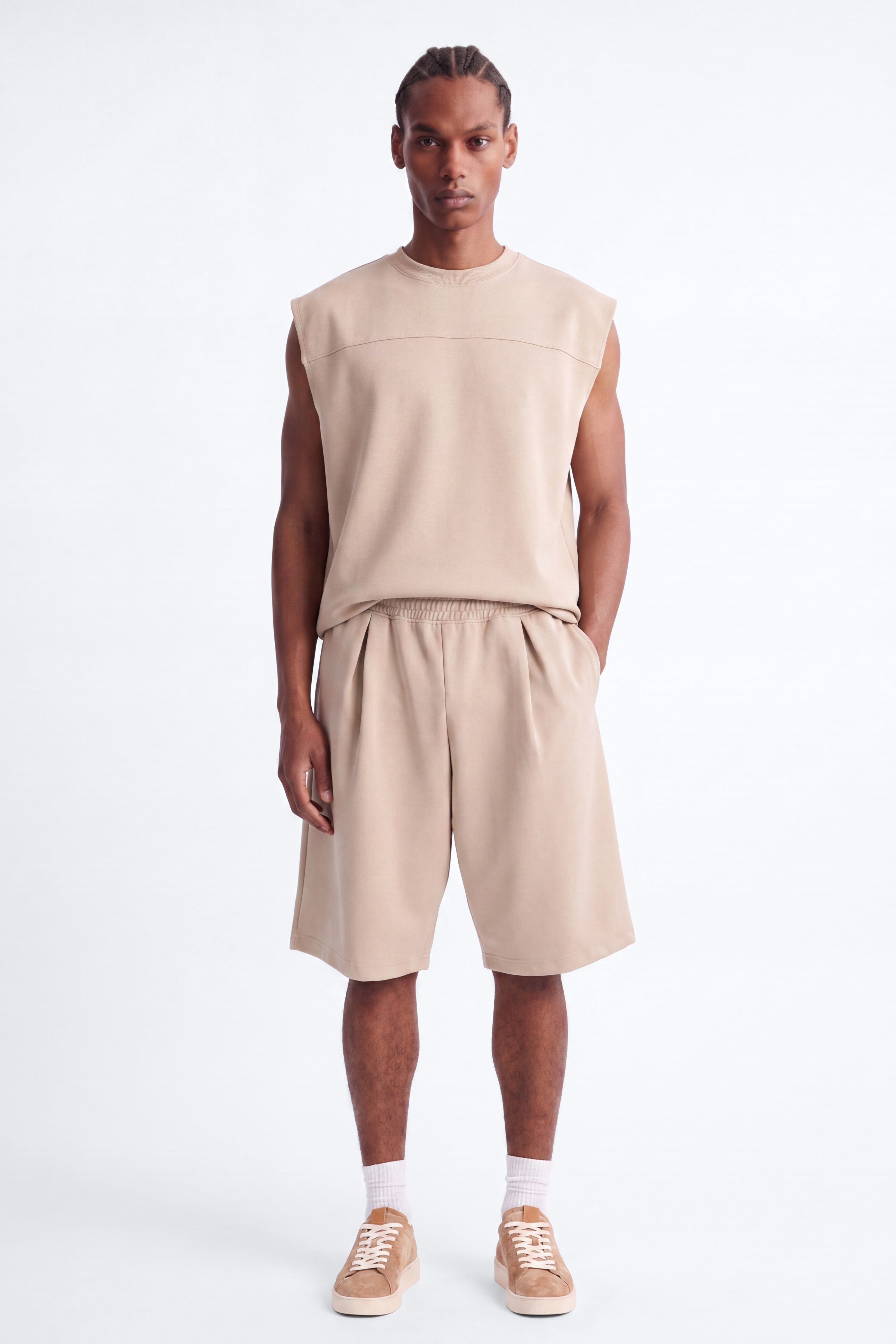 Structured Fleece Pleated Baggy Short - Tan image 1