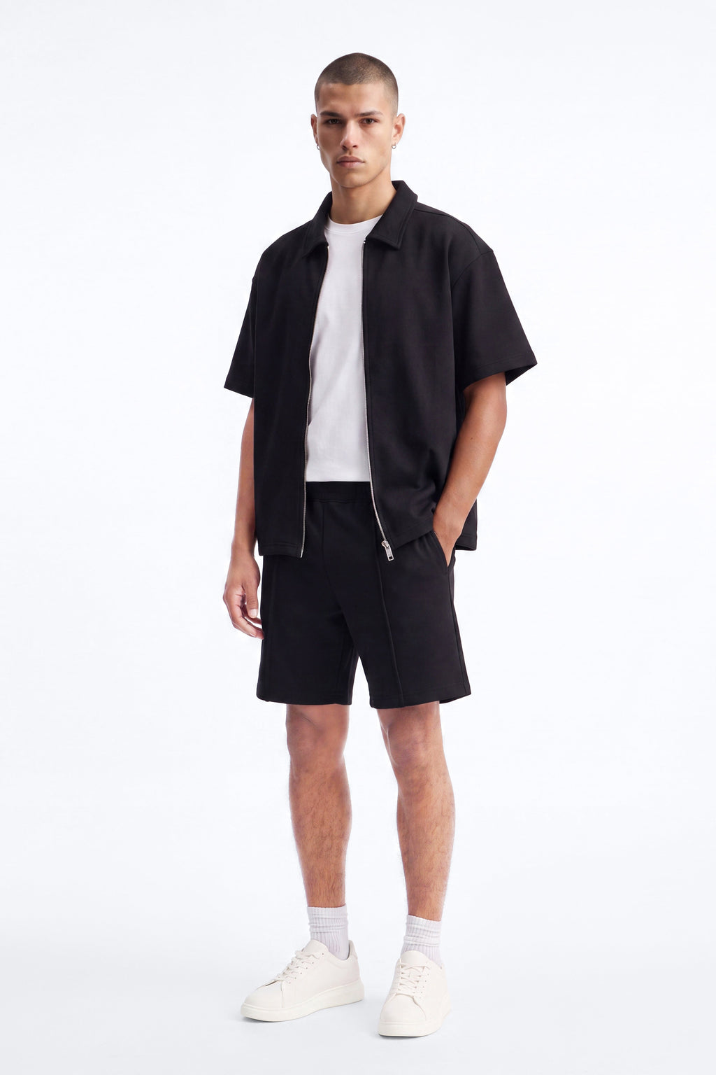 Structured Fleece Pintuck Relaxed Short - Black image 1