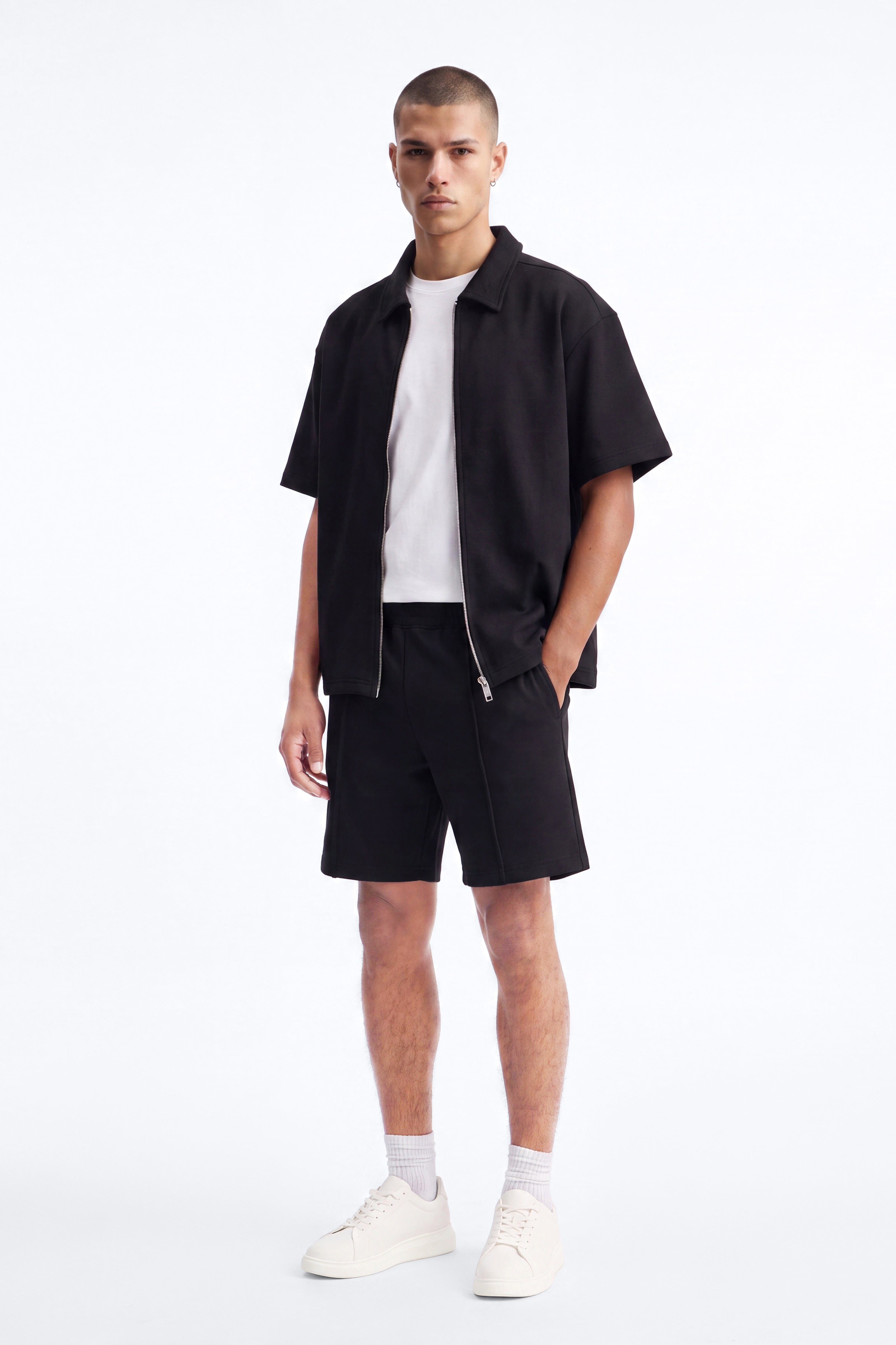 Structured Fleece Pintuck Relaxed Short - Black image 1