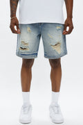Relaxed Wish You Could Distressed Denim Shorts - Medium Blue Wash image 1