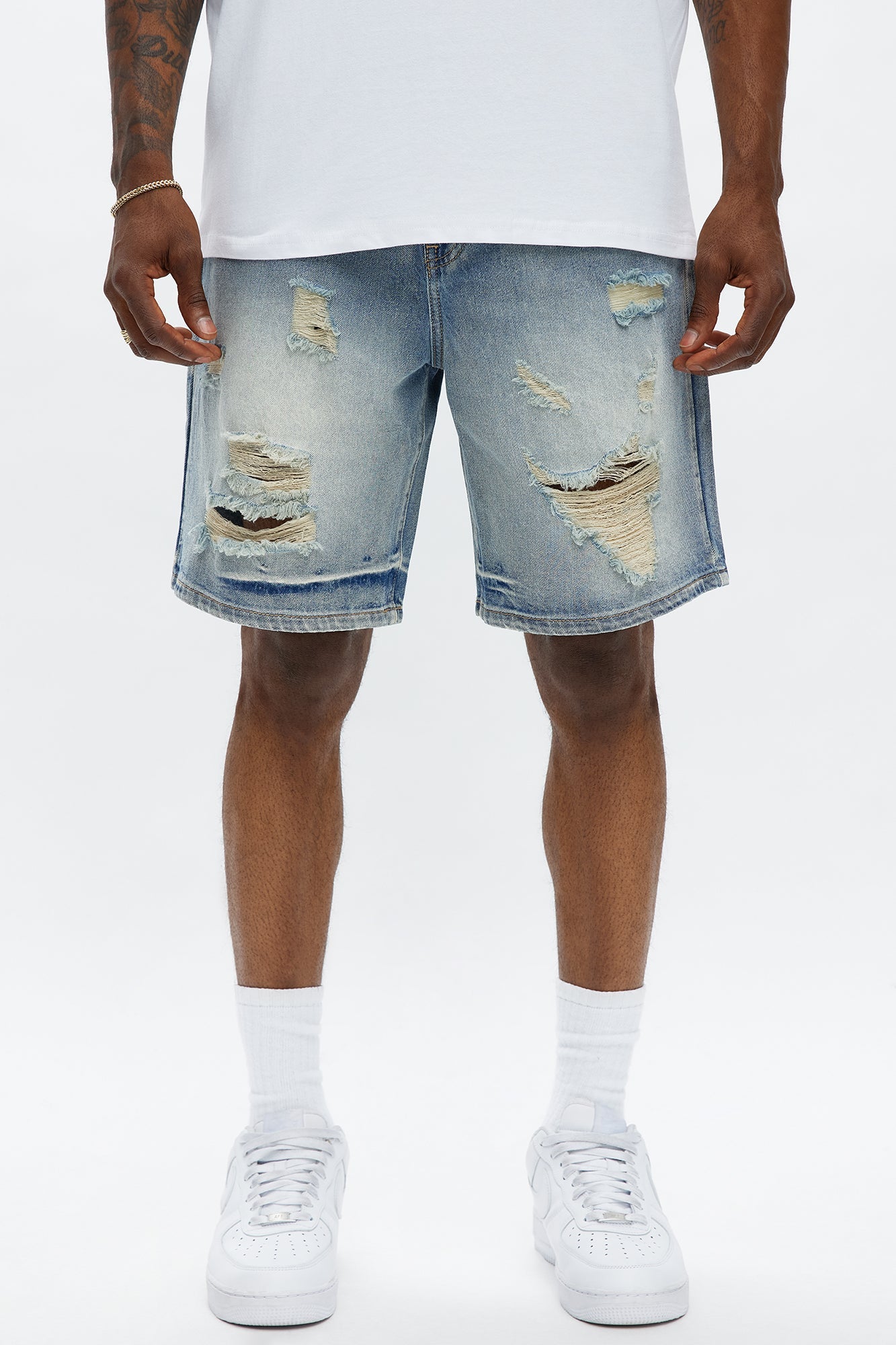 Relaxed Wish You Could Distressed Denim Shorts - Medium Blue Wash image 1