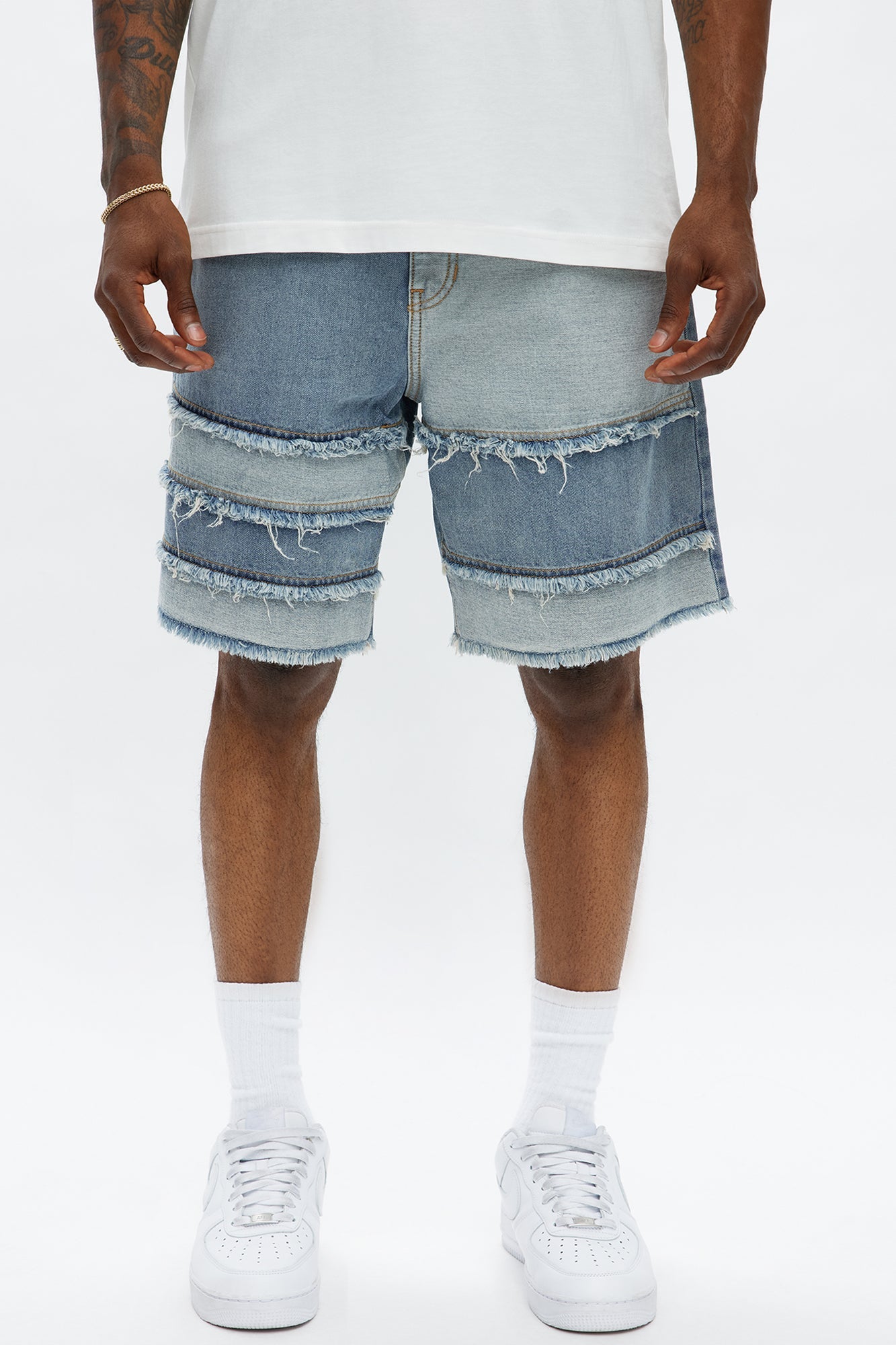 Relaxed Contrast With The Fray Denim Shorts - Medium Blue Wash image 1