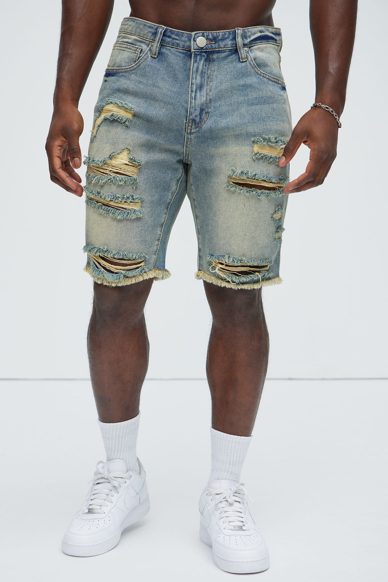 Back To It Distressed Raw Hem Slim Denim Shorts - Vintage Wash image 4