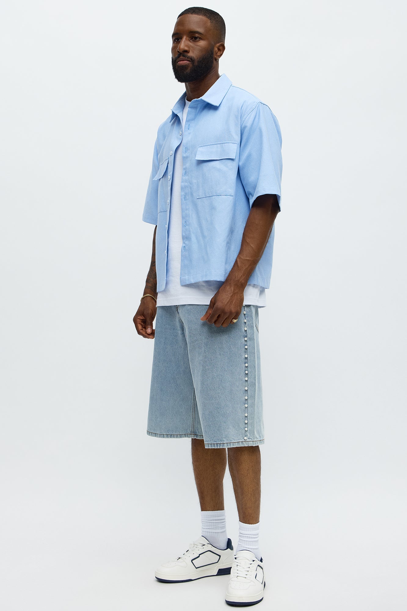 Baggy Pearls Along The Side Denim Short - Light Wash image 2