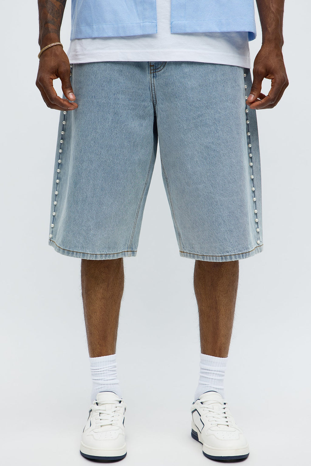 Baggy Pearls Along The Side Denim Short - Light Wash image 1