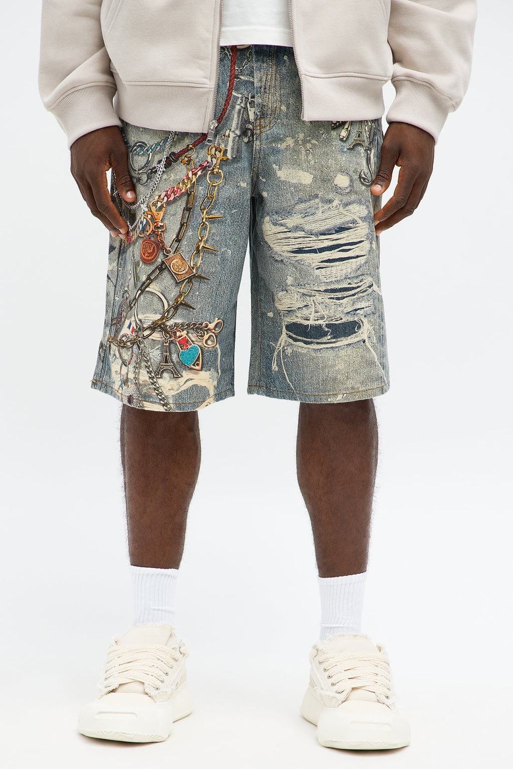 Relaxed Chain Distressed Printed Denim Short - Light Wash image 1