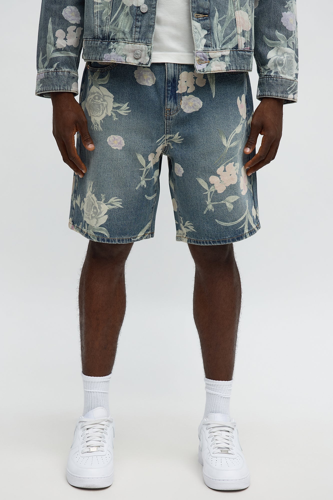 Relaxed Fallen Roses Denim Shorts - Medium Blue Wash image 1