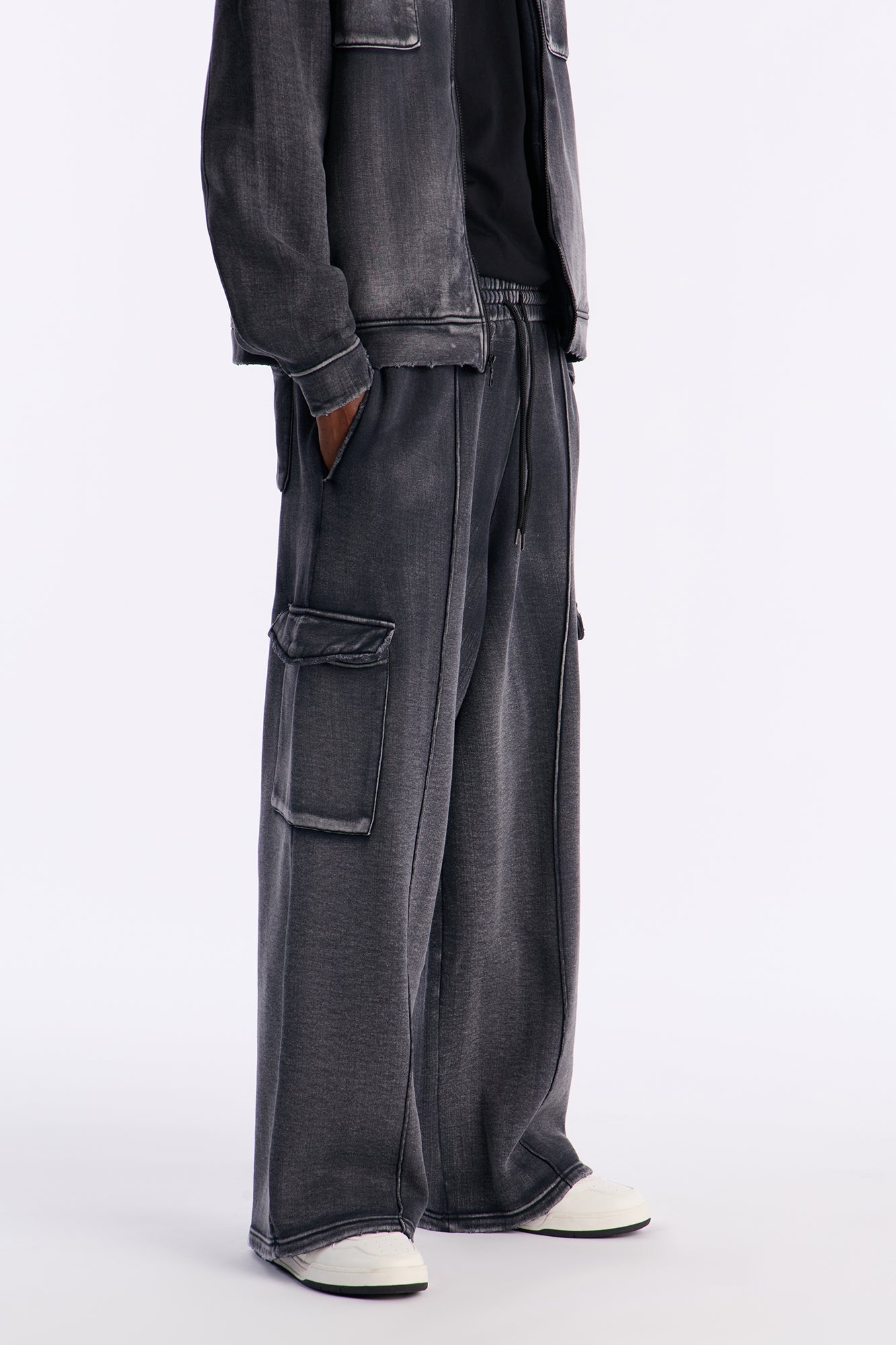Heavy Wash Baggy Fleece Cargo Pants - Black Wash image 1