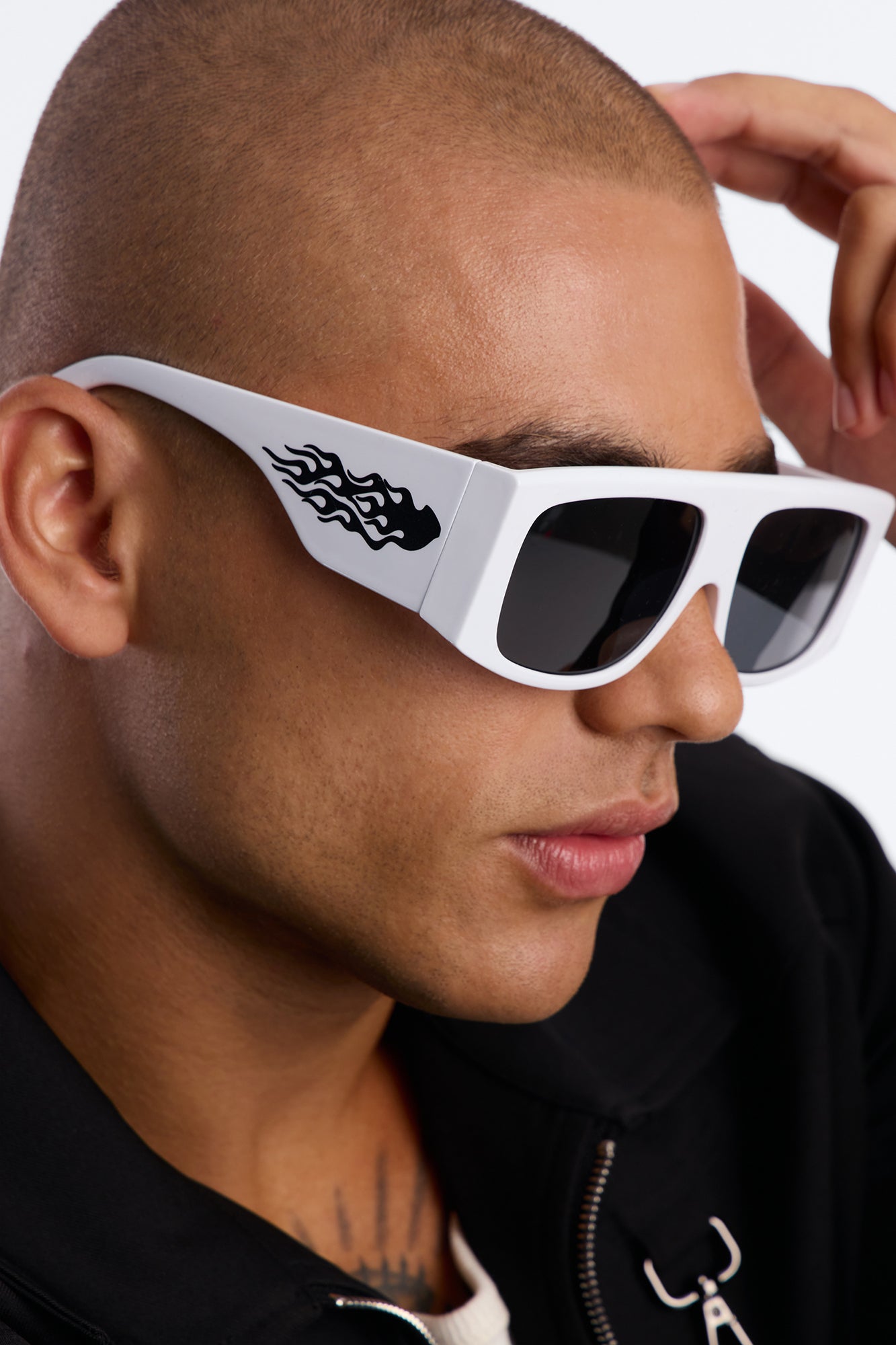 Metallic Flames Flat Top Square Frame Sunglasses - White/Black image 1