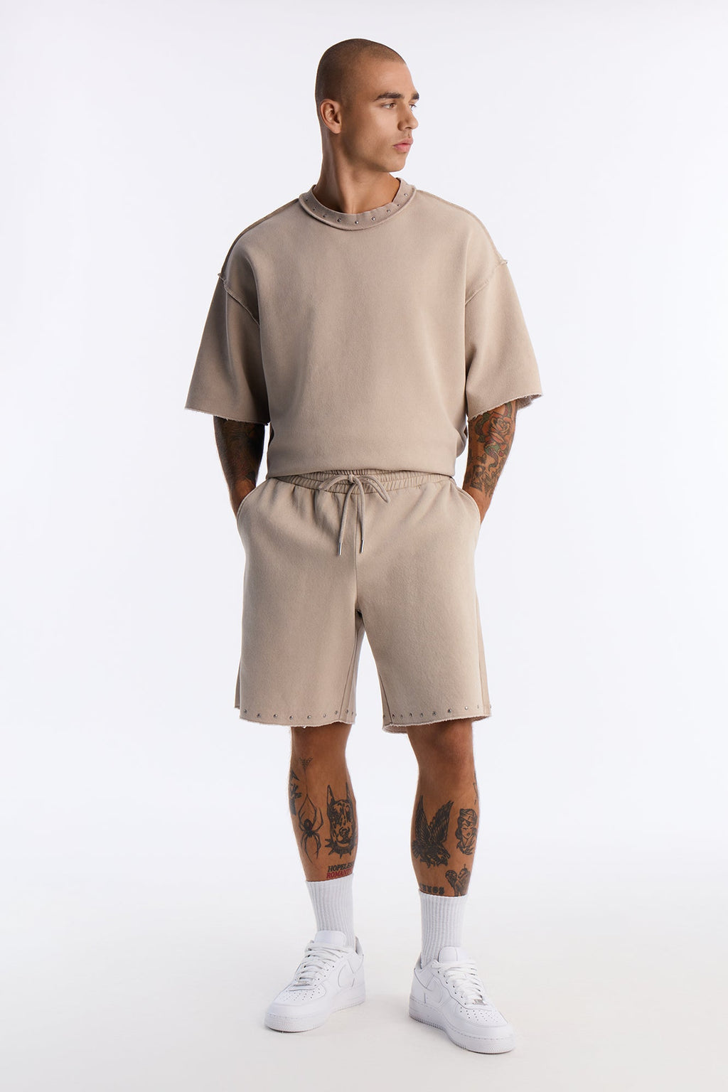 Relaxed Washed Raw Edge Studded Sweatshort - Stone image 1