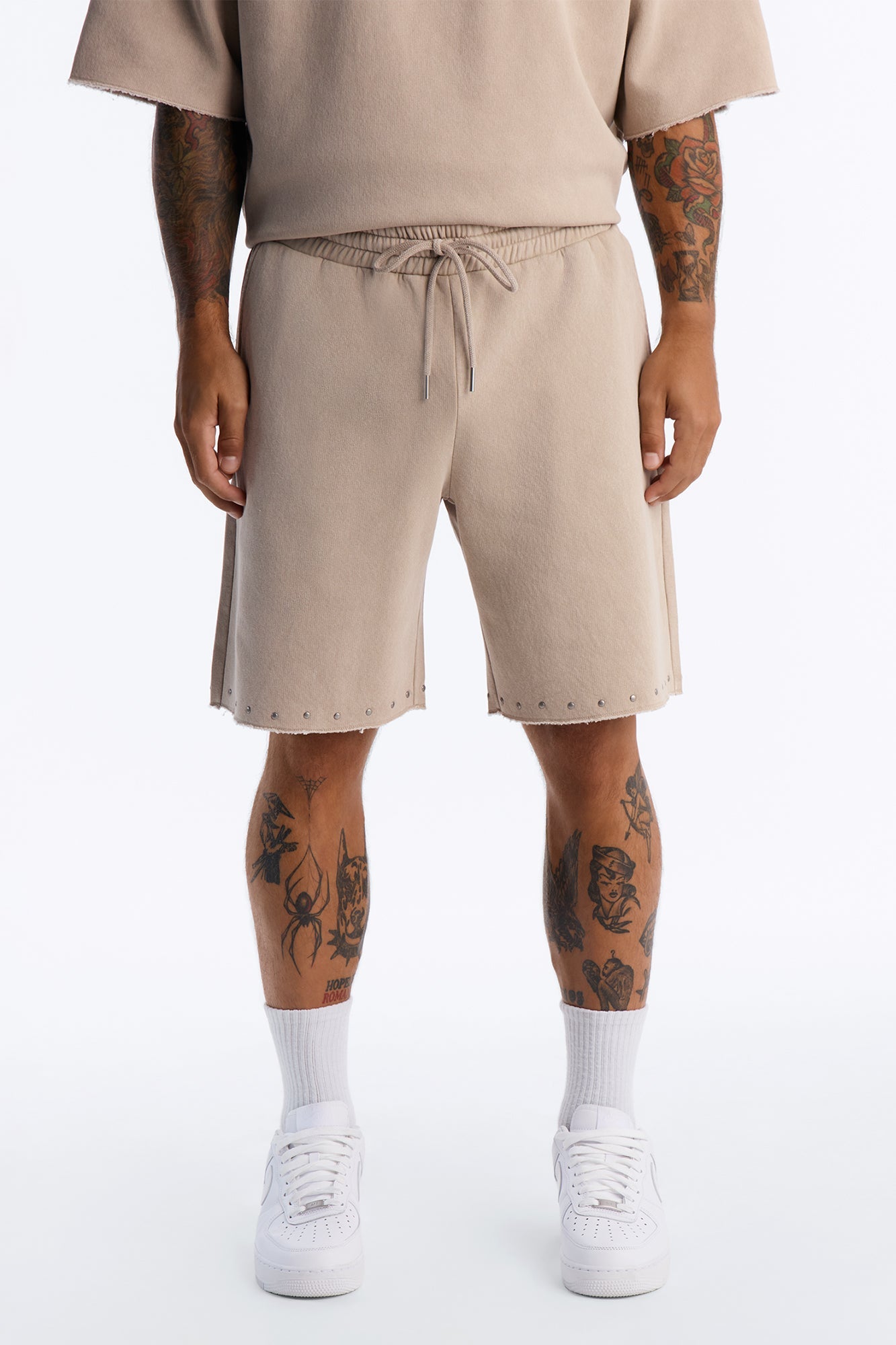 Relaxed Washed Raw Edge Studded Sweatshort - Stone image 2