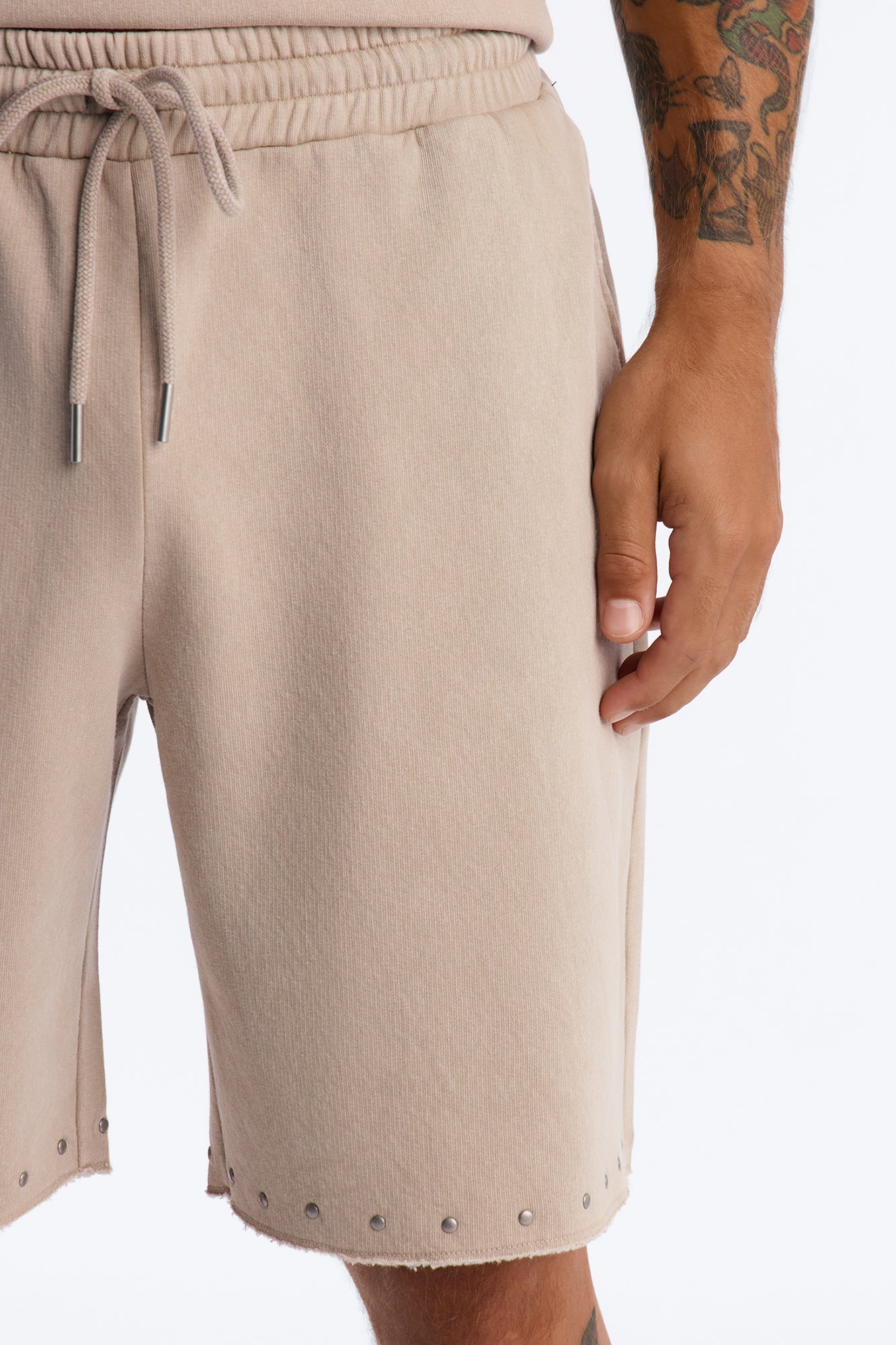Relaxed Washed Raw Edge Studded Sweatshort - Stone image 3