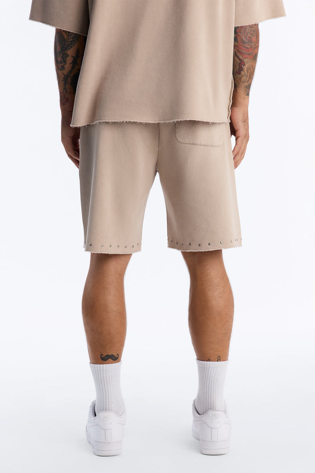 Relaxed Washed Raw Edge Studded Sweatshort - Stone image 4
