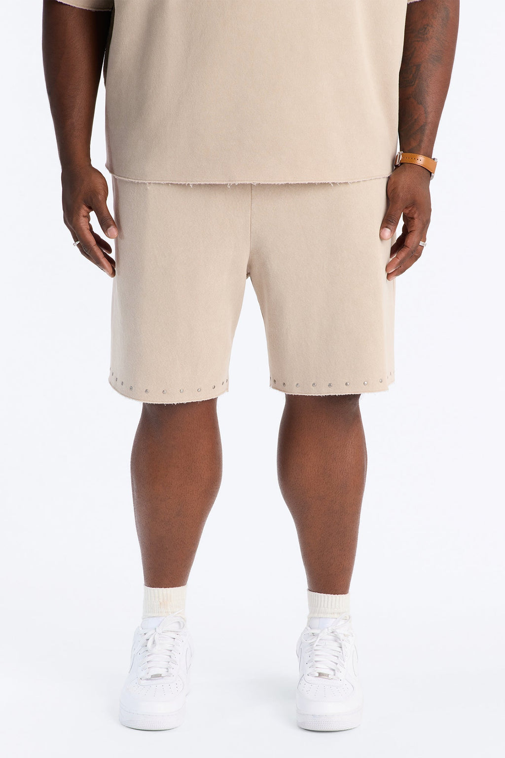 Relaxed Washed Raw Edge Studded Sweatshort - Stone