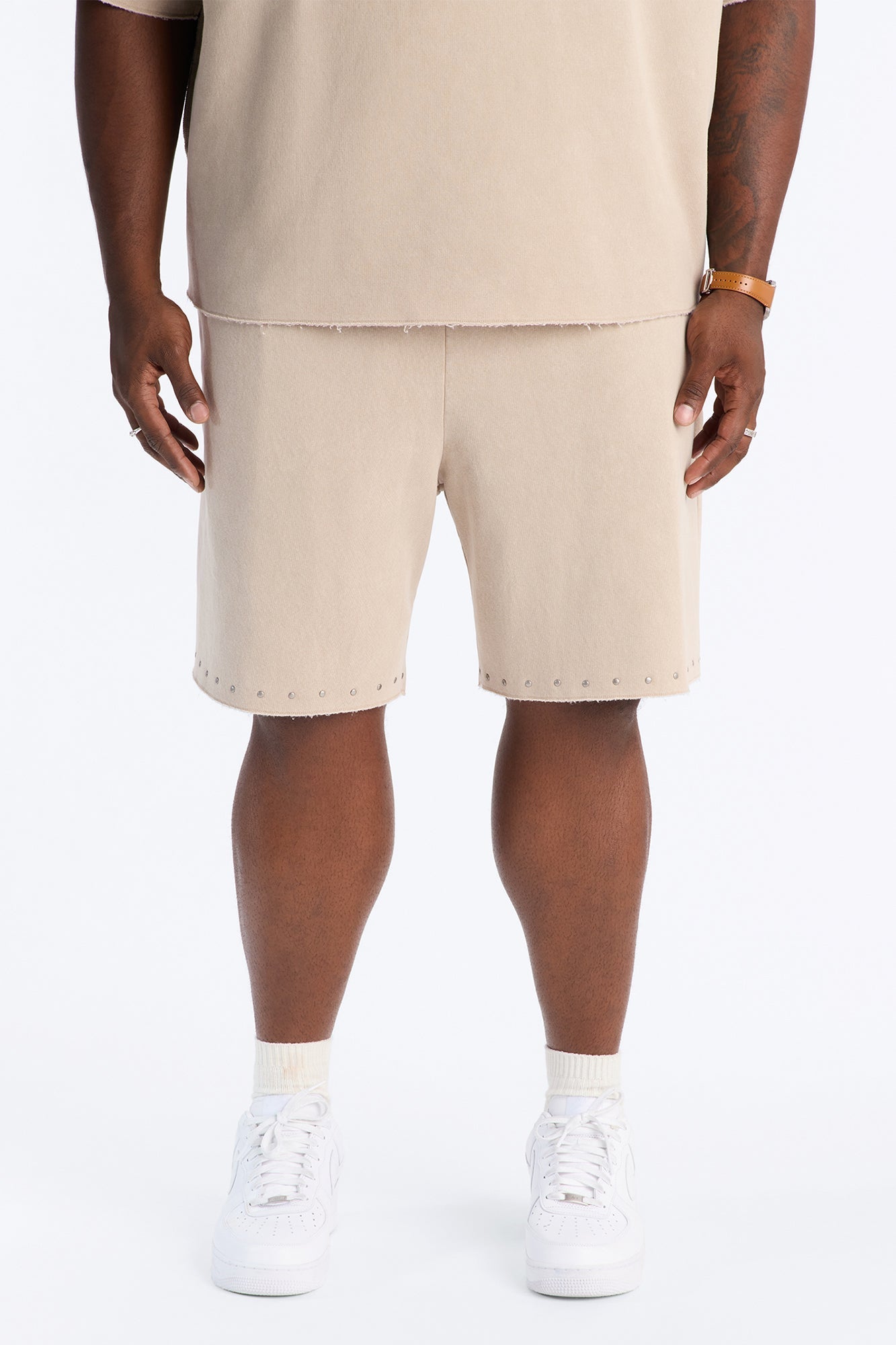Relaxed Washed Raw Edge Studded Sweatshort - Stone