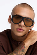 Obsessed Flat Top Aviator Sunglasses - Black/Brown image 1
